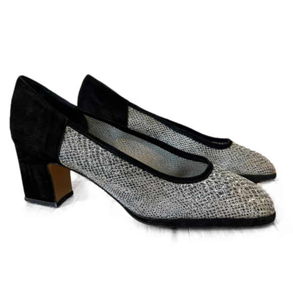 Amalfi Shoes - Amalfi Italy Unique Black Suede & Silver Reptile Mesh Pumps Women’s Size 8 AA